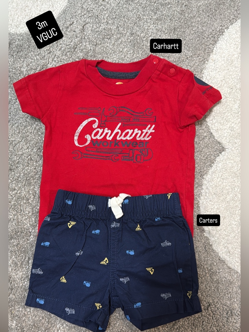 Carhartt Red Tee with Navy Construction-Print Shorts - Kids Set